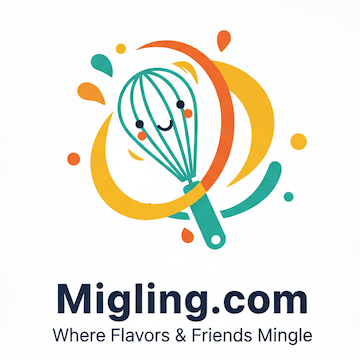 Migling.com logo - Cartoon style whisk mixing colorful flavors, representing DIY recipes and food community.